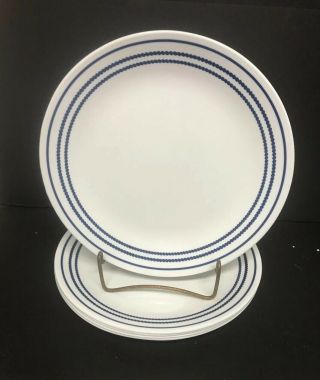 5 Corelle Jett Blue 10 1/4” Dinner Plates Blue Beads Stripe