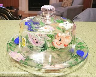 Royal Danube Hand Painted Crystal Covered Cheese Dome Dish Flowers