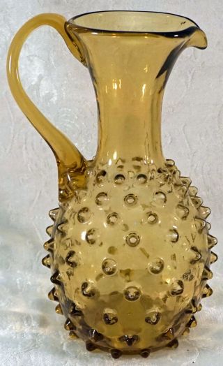 Mid Century Modern Empoli Italian Art Glass Amber Seed Pod Hobnail Pitcher Ewer