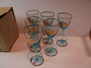 Set Of 6 Vintage Romanian Wine Glasses With Gold Trim,  Blue,  Teal