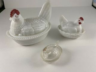 Vintage Westmoreland Milk Glass Hen On Nest Covered Dish.  Small,  Medium,  & Large