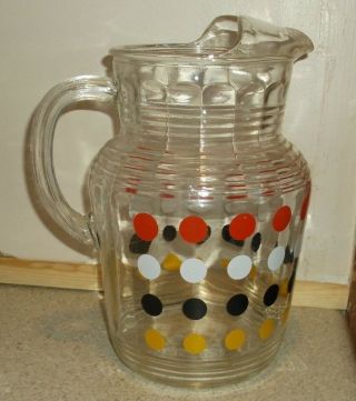 Vintage Htf Clear Glass Water Ice Tea Pitcher Polka Dots Red White Black Yellow