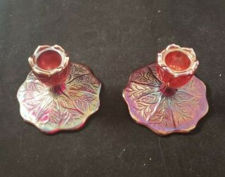 Vintage Imperial Glass Red Carnival Tree Of Life Amberina Candle Holder Pair