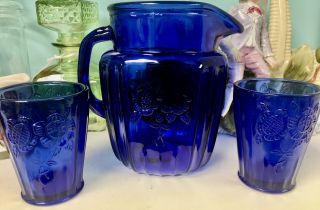 Vintage Anchor Hocking Mayfair Open Rose Cobalt Blue Glass Pitcher & Glasses Set