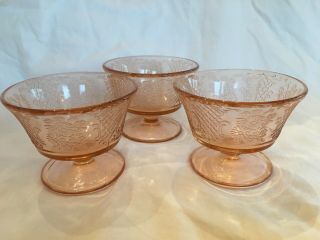 3 Vintage Pink Depression Glass Ice Cream Footed Bowls Normandie Bouquet Lattice