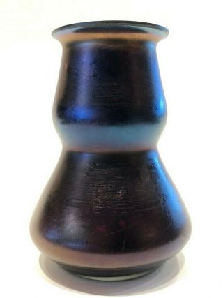 Miniature Antique Loetz Bohemian Art Glass Dark Iridescent Purple Vase 3 - 3/4 "