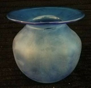 Vintage Blenko Hand Blown Satin Blue Art Glass Spittoon Vase 2