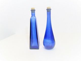 Vintage Cobalt Blue Glass Bottles With Cork Stoppers 10 " Tall