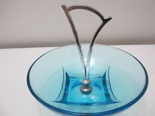 Vintage Hazel Atlas Glass Split Handled Bowl Capri Azure Blue Colony Square Base