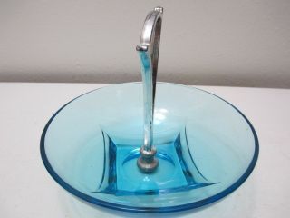 Vintage Hazel Atlas Glass Split Handled Bowl Capri Azure Blue Colony Square Base 2