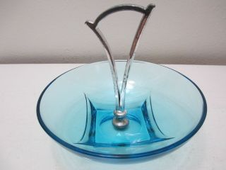 Vintage Hazel Atlas Glass Split Handled Bowl Capri Azure Blue Colony Square Base 3