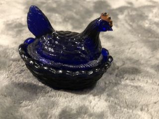 Vintage Cobalt Blue Vallerysthal Mini Hen On Nest Dish Glass Salt Cellar