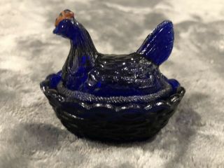 Vintage Cobalt Blue Vallerysthal Mini Hen on Nest Dish Glass Salt Cellar 3
