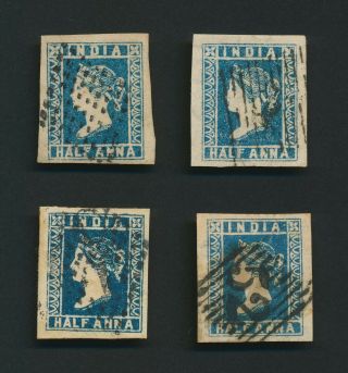 India Stamps 1854 Qv 1/2a Litho Die Iii 4x Blue Shades,  Margins,  Vfu