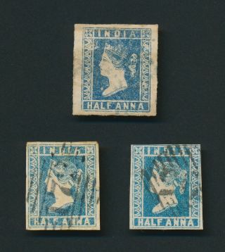 India Stamps 1854 Qv 1/2a Litho Die Iii 3 X Light Blue Inc Plate Variety