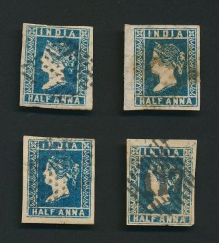 India Stamps 1854 Qv 1/2a Litho Die Iii,  4x Blue Shades,  4 Margin Examples