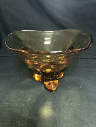 Vintage Viking Art Glass Amber Gold Bowl Three Footed Mid Century