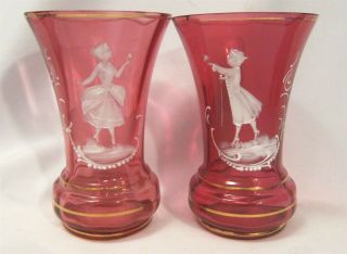 Set Of 2 Mary Gregory Cranberry Bohemian Art Glass Vase Woman With Flower 6 "