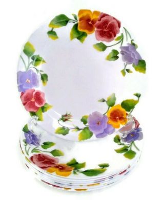 Corelle Summer Blush Salad Plates Set 8 Round 7 1/4 " Pansies Flowers Leaves