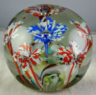 Vintage Blue & Red Flowers Art Glass Paperweight