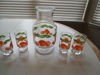 Vintage Mid - Century Anchor Hocking Orange Juice Carafe & 4 Juice Glasses