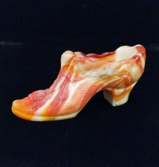 Vintage Kanawha Cabbage Rose Orange,  Red & White Slag Glass Slipper Shoe
