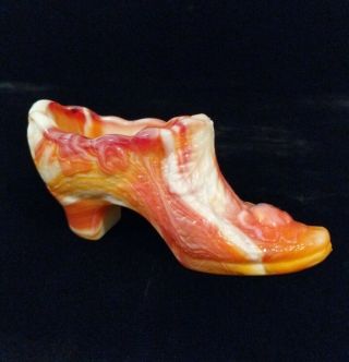 Vintage Kanawha Cabbage Rose Orange,  Red & White Slag Glass Slipper Shoe 2