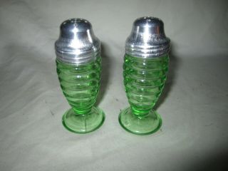 Vintage Hazel Atlas Green Glass Ribbed Salt & Pepper Shakers
