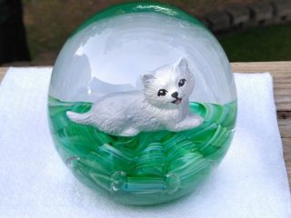 Joe Rice - St.  Clair Glass Sulphide Paperweight With White Cat Xlnt