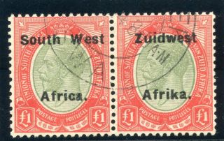 South West Africa 1926 Kgv £1 Pale Olive - Green & Red Vfu.  Sg 40a.