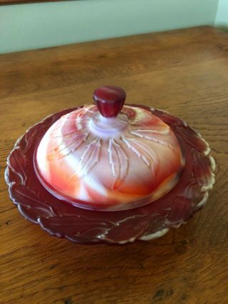 Vintage Imperial Glass Ruby Red Slag Candy Dish With Lid Satin