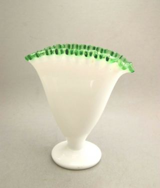 Vintage Fenton Milk Glass Fan Vase With Emerald Green Edges