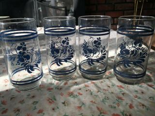 4 Vtg Water Tumbler Iced Tea Drink Glass 5 - 5/8 " Libbey Blue Flower Bird Stripes