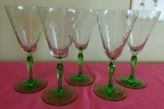 5 Vintage Swirl Glass Green Stem 10 Oz Wine Glasses Water Goblets - A2