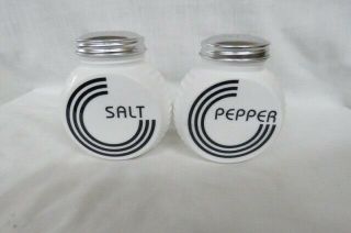 Vintage Milk Glass Range Art Deco Salt,  Pepper Shakers Black Circles