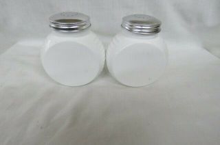 Vintage Milk Glass Range Art Deco Salt,  Pepper Shakers Black Circles 3