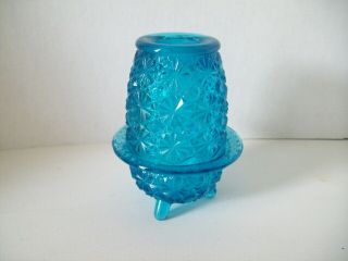 Vintage L.  E.  Smith Co.  Usa Daisy & Button Aqua Blue Glass Fairy Lamp Footed 5 "