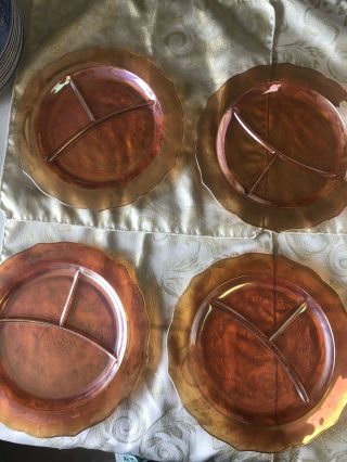 Set Of 4 Vintage Carnival Glass Iridescent Marigold 11 " Divided Dinner Plate