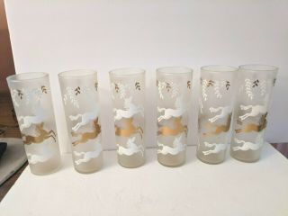 6 Vintage Libby Iced Tea Collins Glasses Frosted Gold White Horses Euc