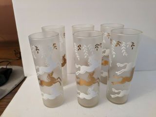 6 Vintage Libby Iced Tea Collins Glasses Frosted Gold White Horses EUC 2
