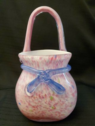 Vintage Pink Confetti Pattern Murano Style Art Glass Purse Vase