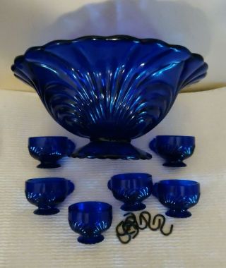 Vintage Mosser Cobalt Blue Miniature Footed Compote Punch Bowl Set 6 Cups,  Hooks