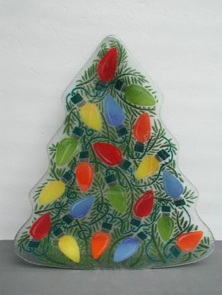 Signed Peggy Karr Art Glass Christmas Tree & Light Bulbs Tray / Plate
