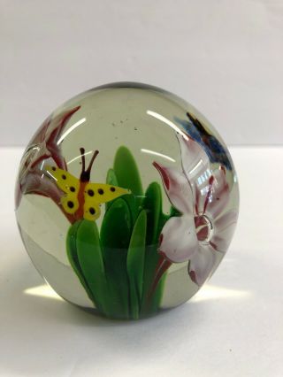Vintage Mid Century Modern Large Murano Art Glass Floral Butterflies Paperweight