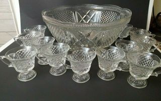 Vintage Cut Glass Punch Bowl With 12 Footed Cups