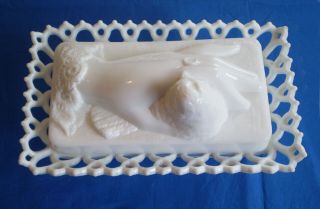 Antique ATTERBURY Milk Glass Lady ' s HAND & DOVE Bird Lacy Base Covered DISH 3
