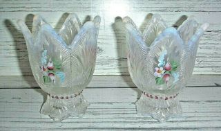 2 Fenton Glass French Opalescent Tulip 2 Way Candle Holders Hand Painted Flowers