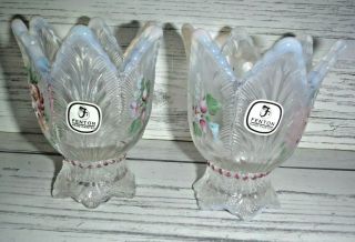 2 Fenton Glass French Opalescent Tulip 2 Way Candle Holders Hand Painted Flowers 2