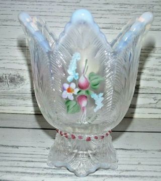 2 Fenton Glass French Opalescent Tulip 2 Way Candle Holders Hand Painted Flowers 3