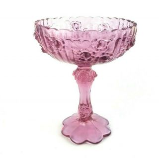Vintage Fenton Pink Art Glass Cabbage Rose Pedestal Colonial Compote